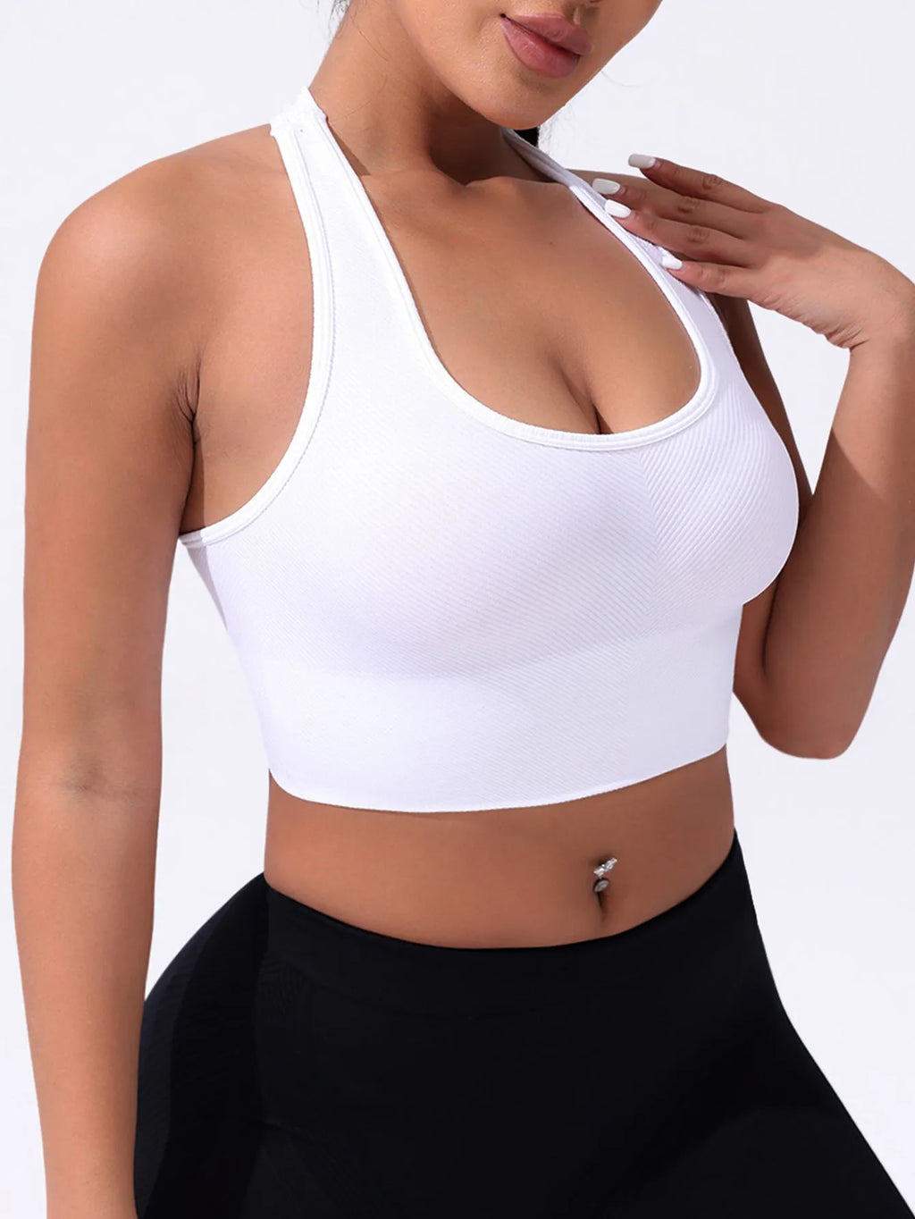 Black sports bra with cross-back design and full cup coverage
