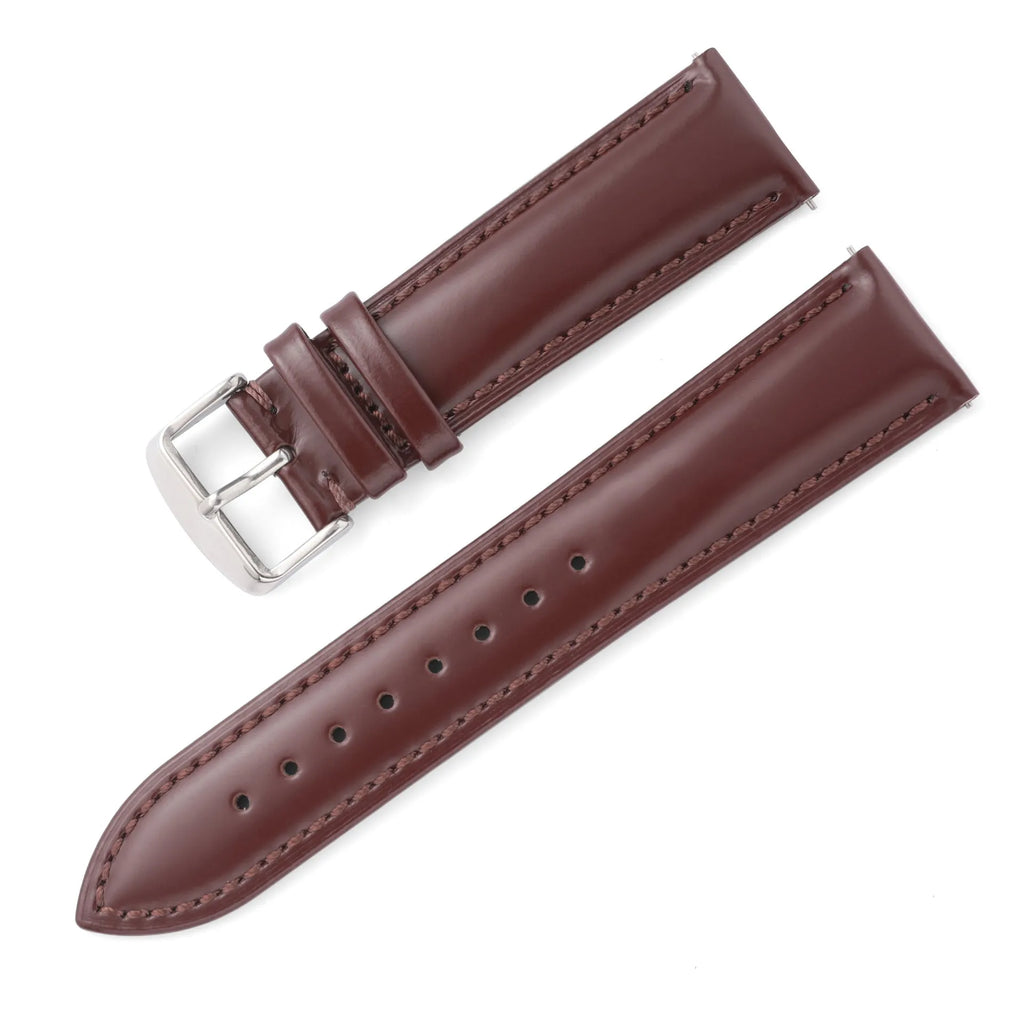 Quick release cowhide leather watch strap shown in black and dark brown colours on a watch case.