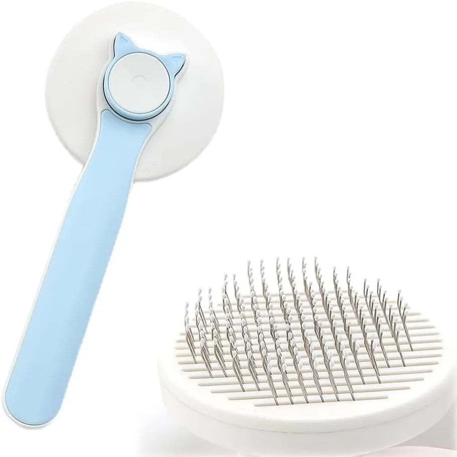 Blue self-cleaning cat and dog grooming brush with rubber-tipped pins and a non-slip rubber handle.