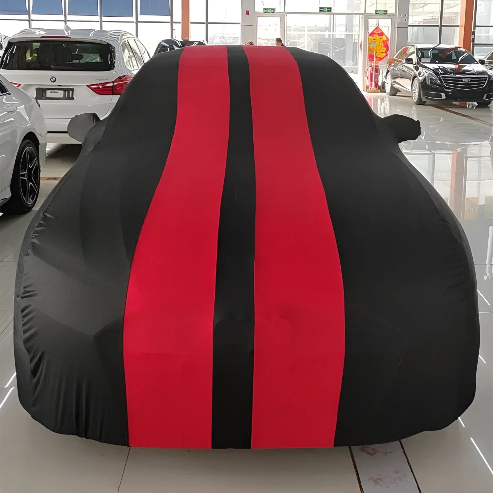 Elastic fabric car cover fitted on Ford Mustang available in six colour options
