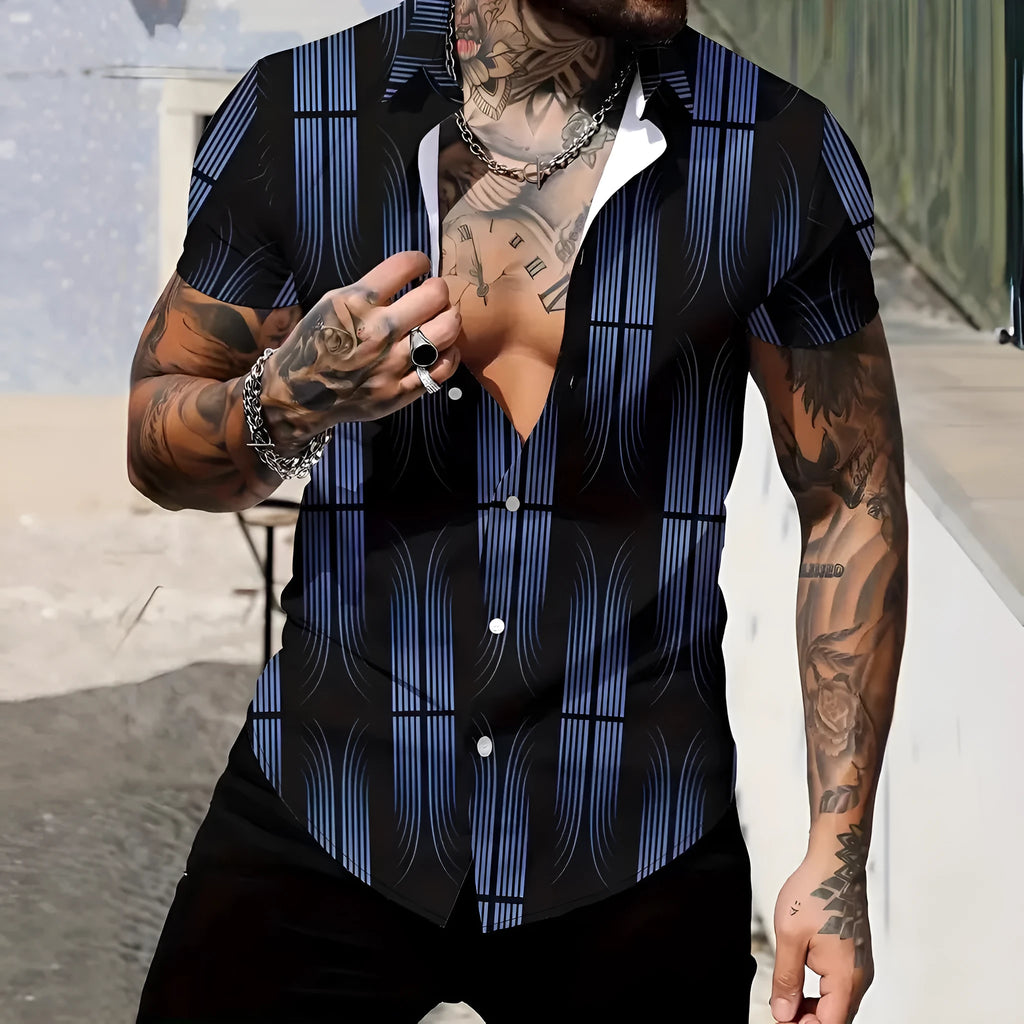 Men's slim fit short sleeve shirt with geometric line print design on the lapel.