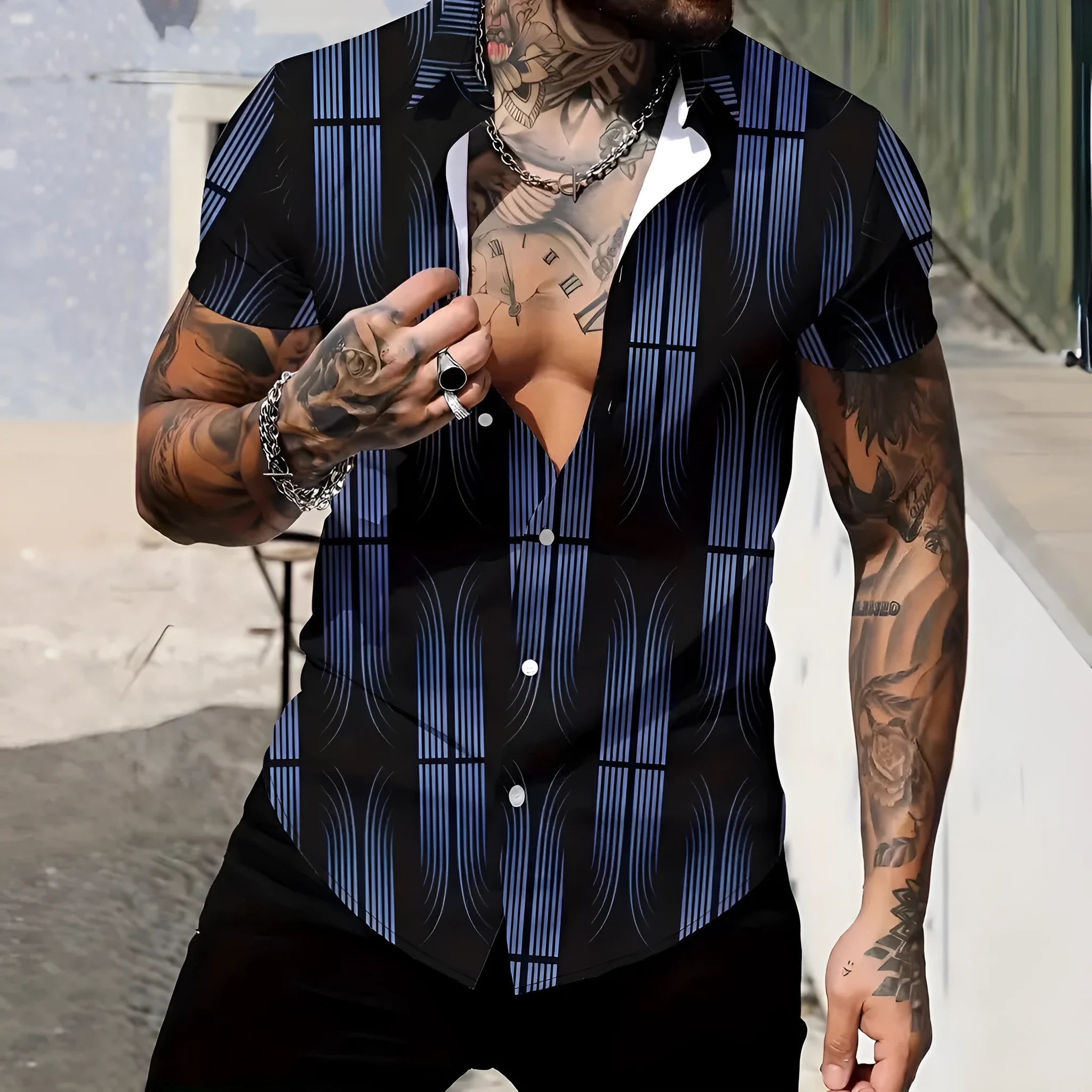 Men's slim fit short sleeve shirt with geometric line print design on the lapel.
