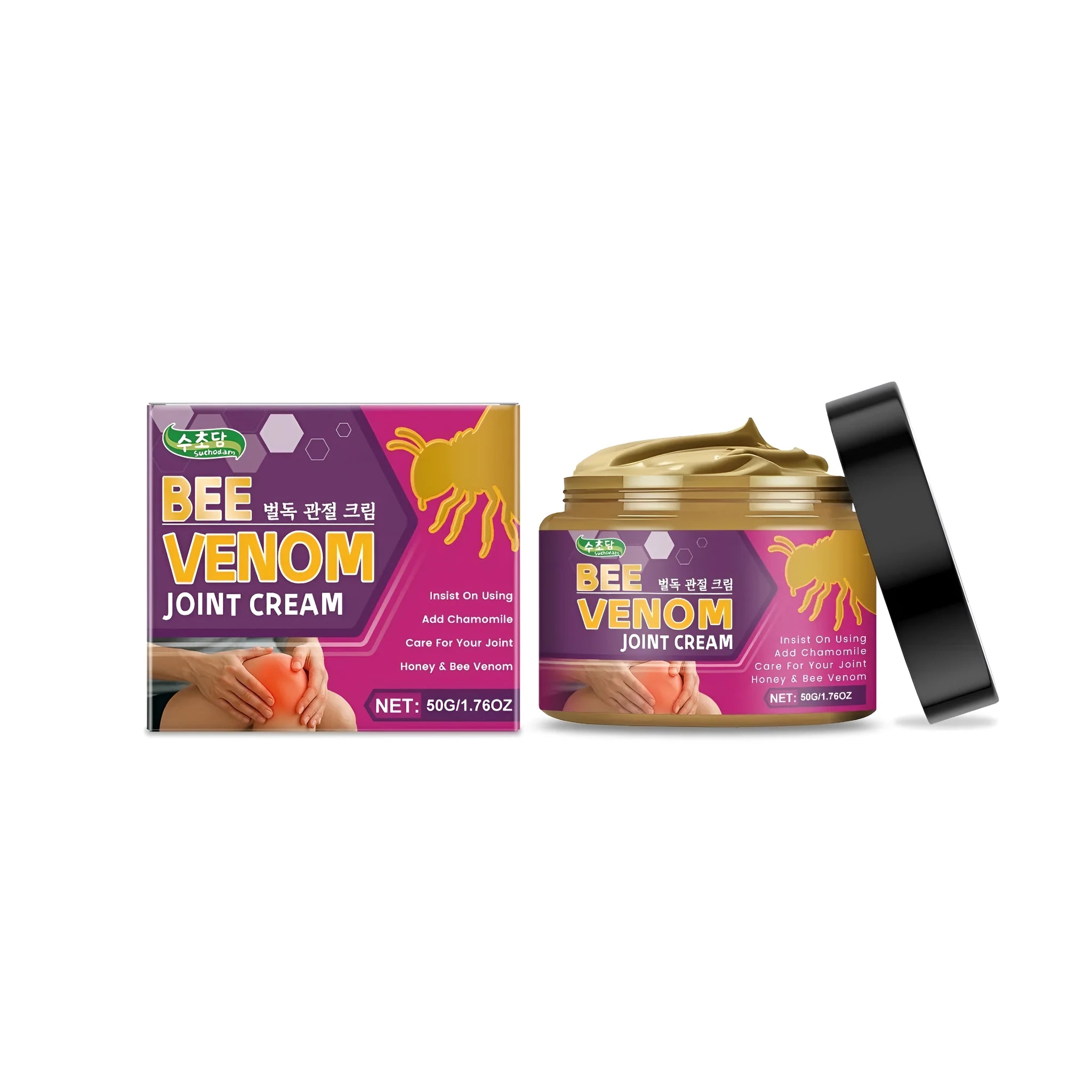 A 50g tube of joint cream with a list of ingredients including chamomile, aloe, honey, and bee venom.