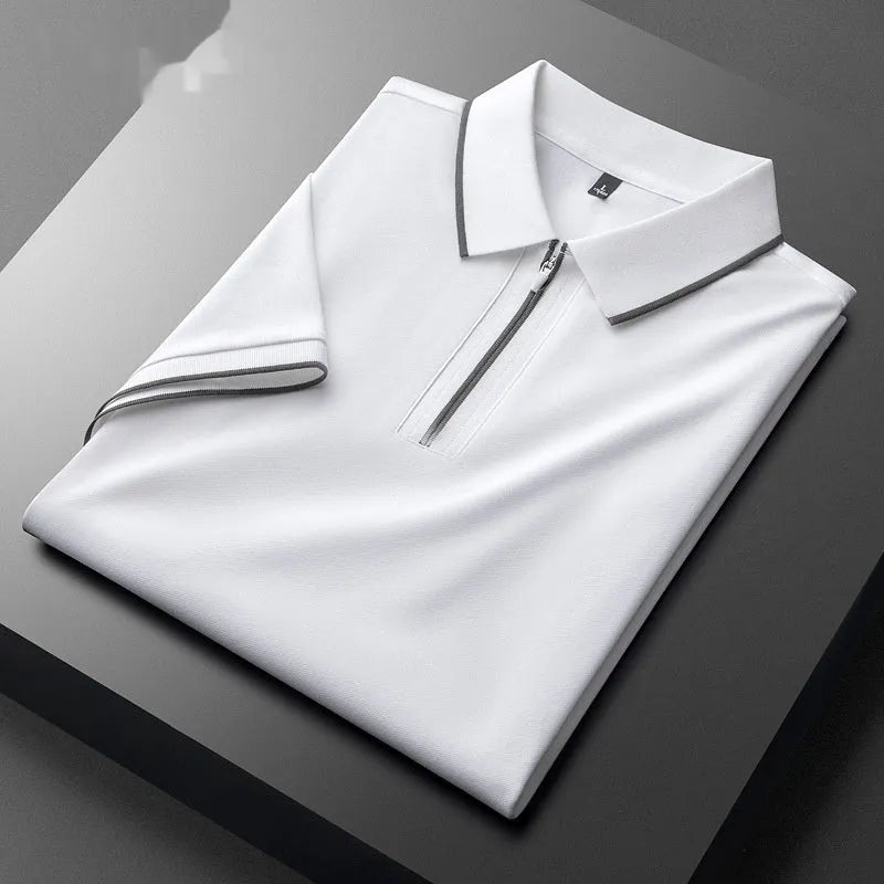 Men's slim fit lapel top in cotton blend fabric with short sleeves