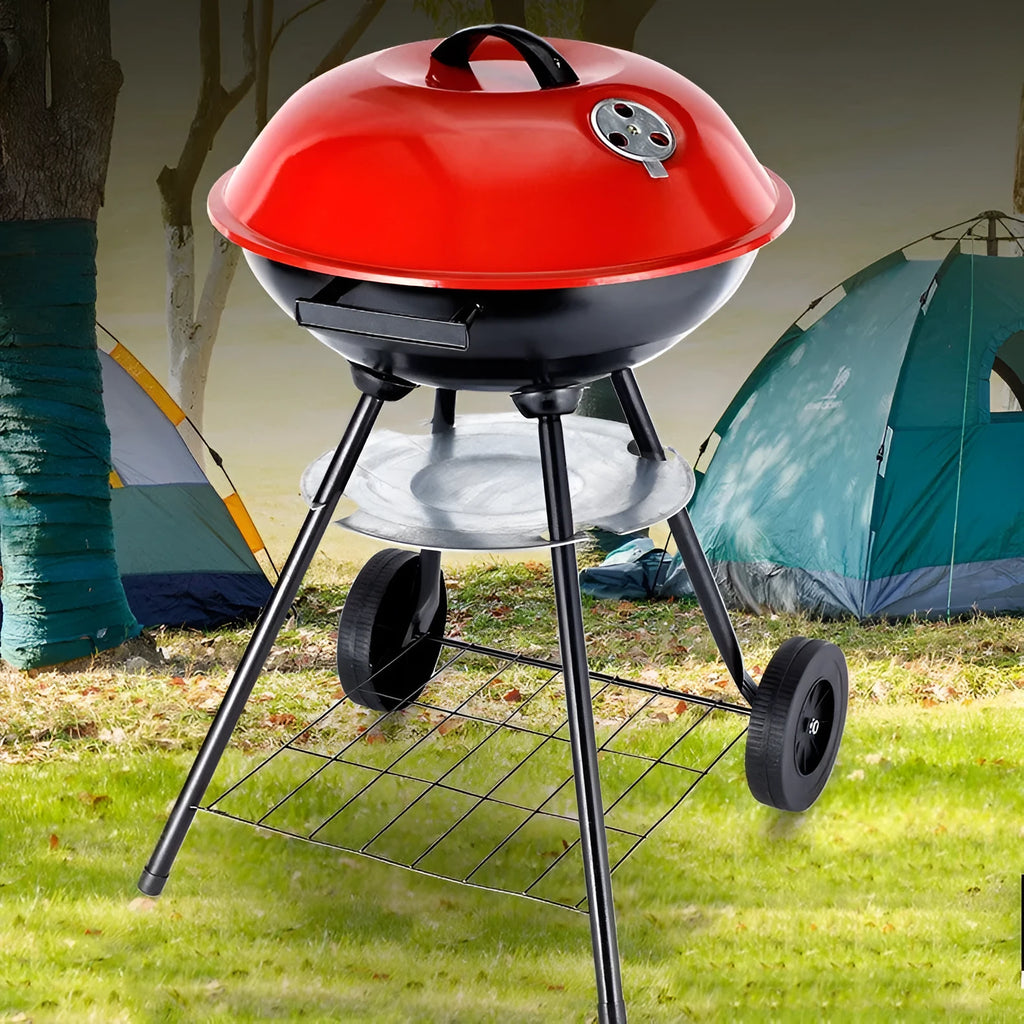 Portable 14-inch iron barbecue grill with Apple stove minimalist design on a patio.