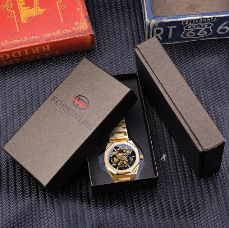 Men's mechanical automatic watch with skeleton dial, stainless steel case, genuine leather band, 41mm diameter