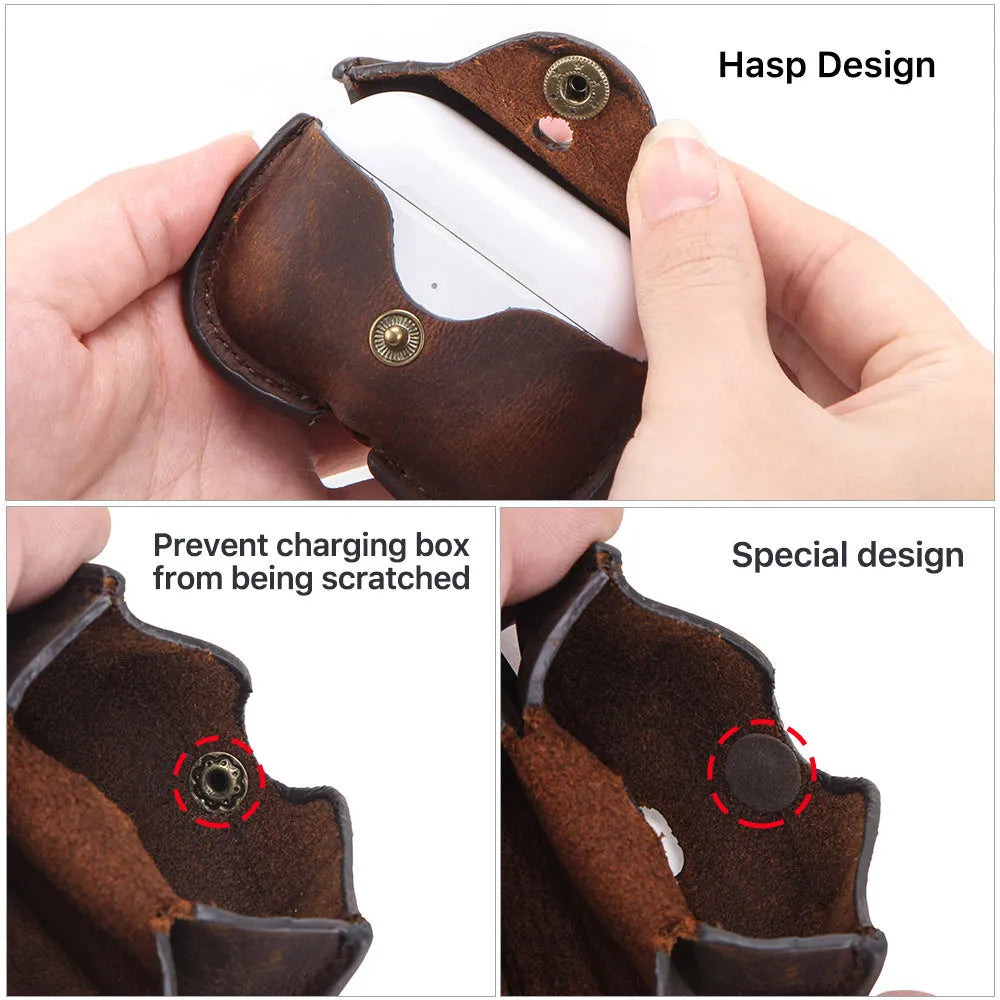 Vintage brown leather clamshell case for Apple AirPods Pro wireless earphones.