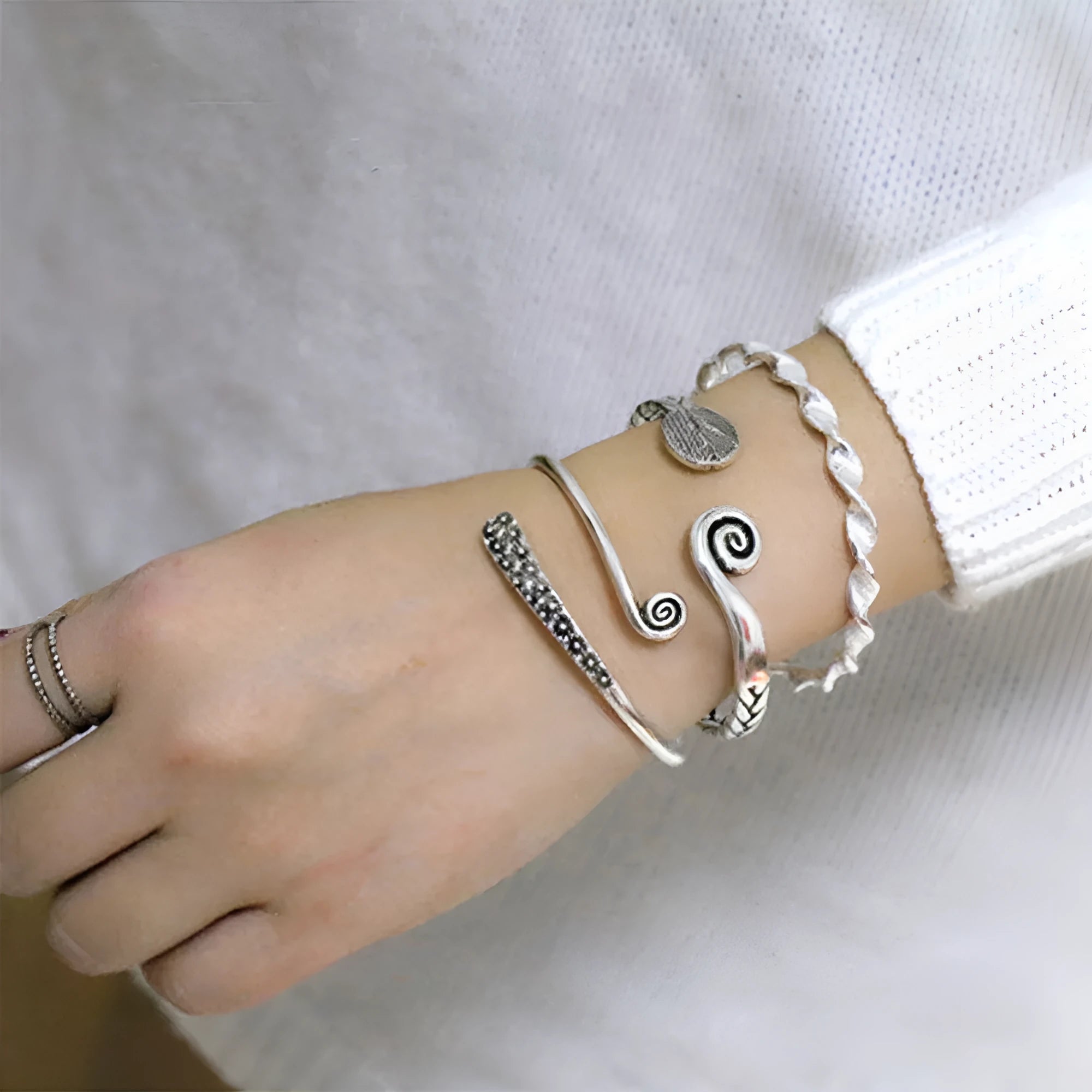 Women's Chinese retro style opening bracelet with fish charms in silver electroplated finish