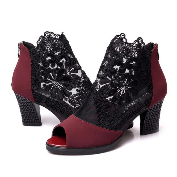 Women's black lace gladiator sandals with square high heels and peep toe design
