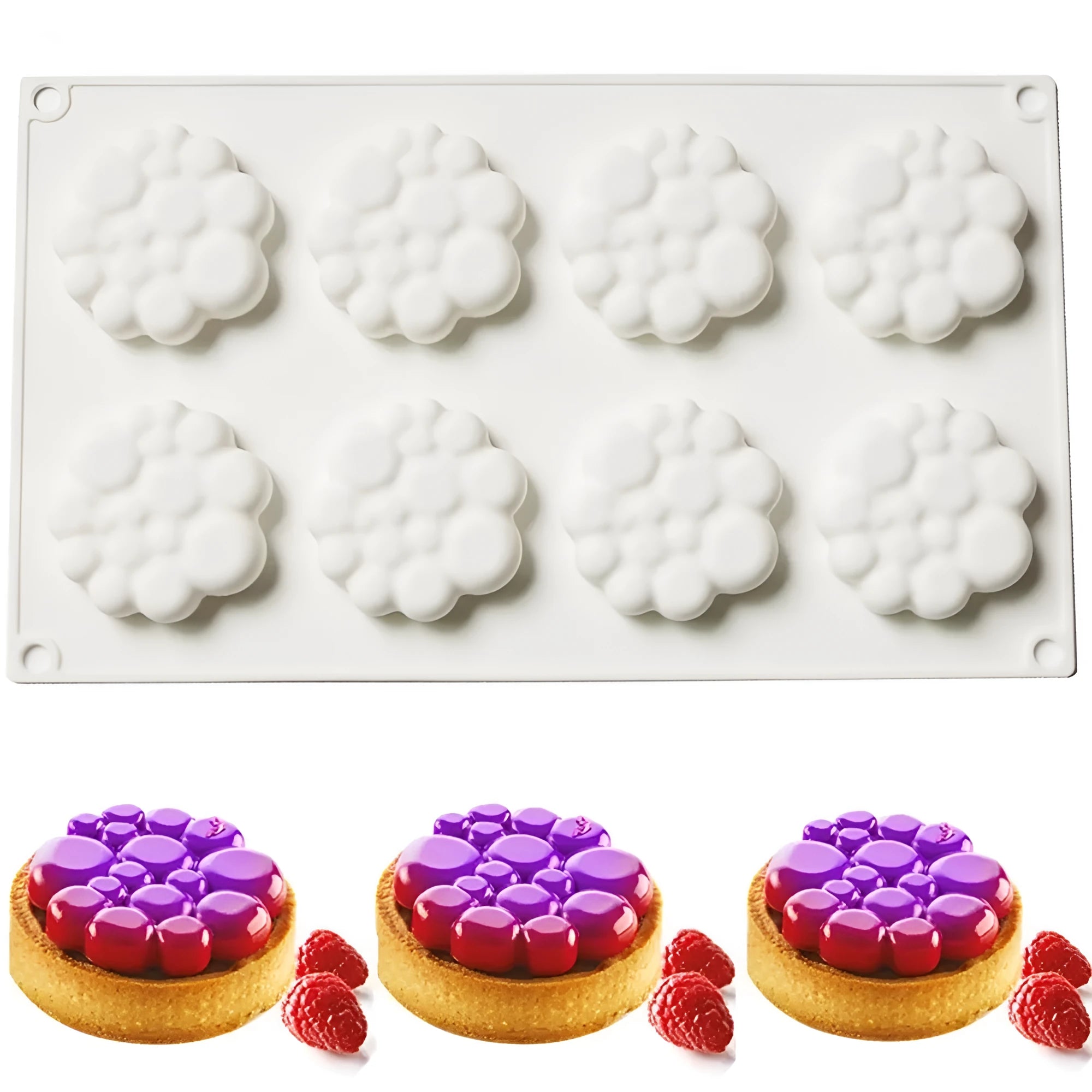 Round silicone baking mould with 8-bubble patterned base for cakes and desserts.