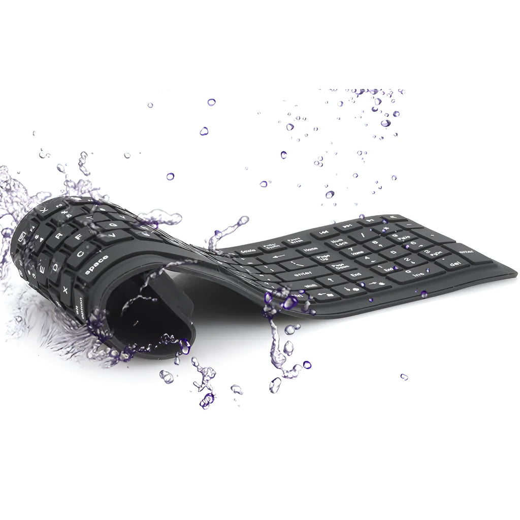 Black foldable silicone Bluetooth keyboard with 108 keys, unfolded, showing full key layout