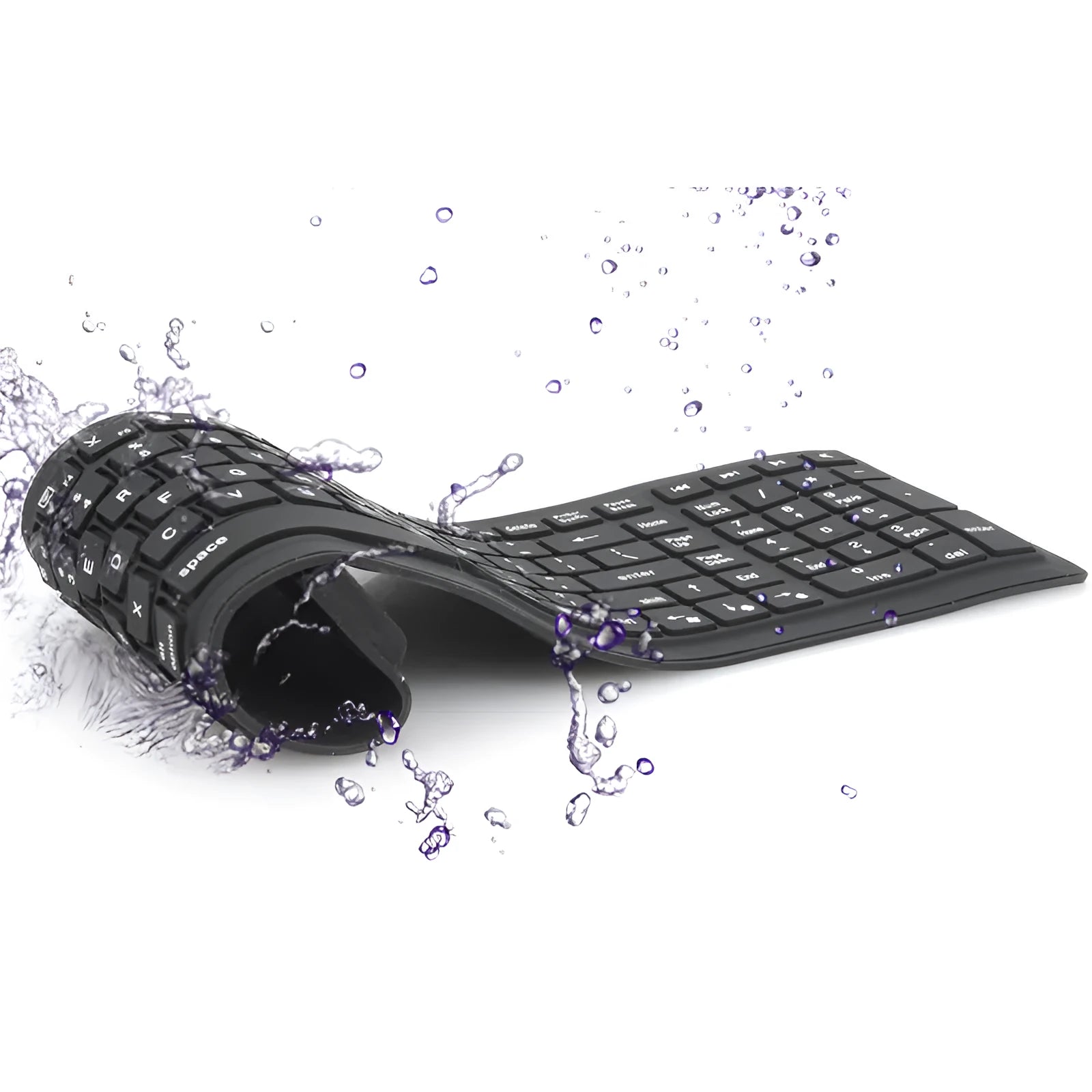 Black foldable silicone Bluetooth keyboard with 108 keys, unfolded, showing full key layout