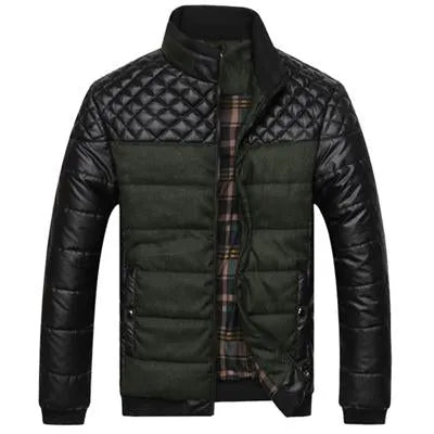 Men's winter jacket 4XL PU patchwork self-cultivation collar cotton broadcloth slim fit zipper closure blue colour