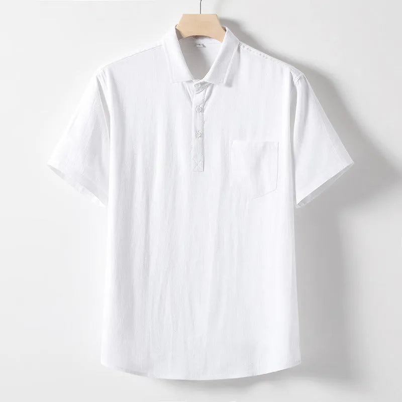 Men's loose lapel linen T-shirt in hemp blend fabric, solid colour short sleeve pullover.