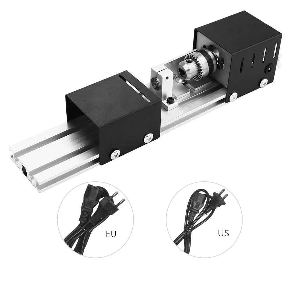 Mini metal silver woodworking lathe with 140mm processing capacity and six carving knives