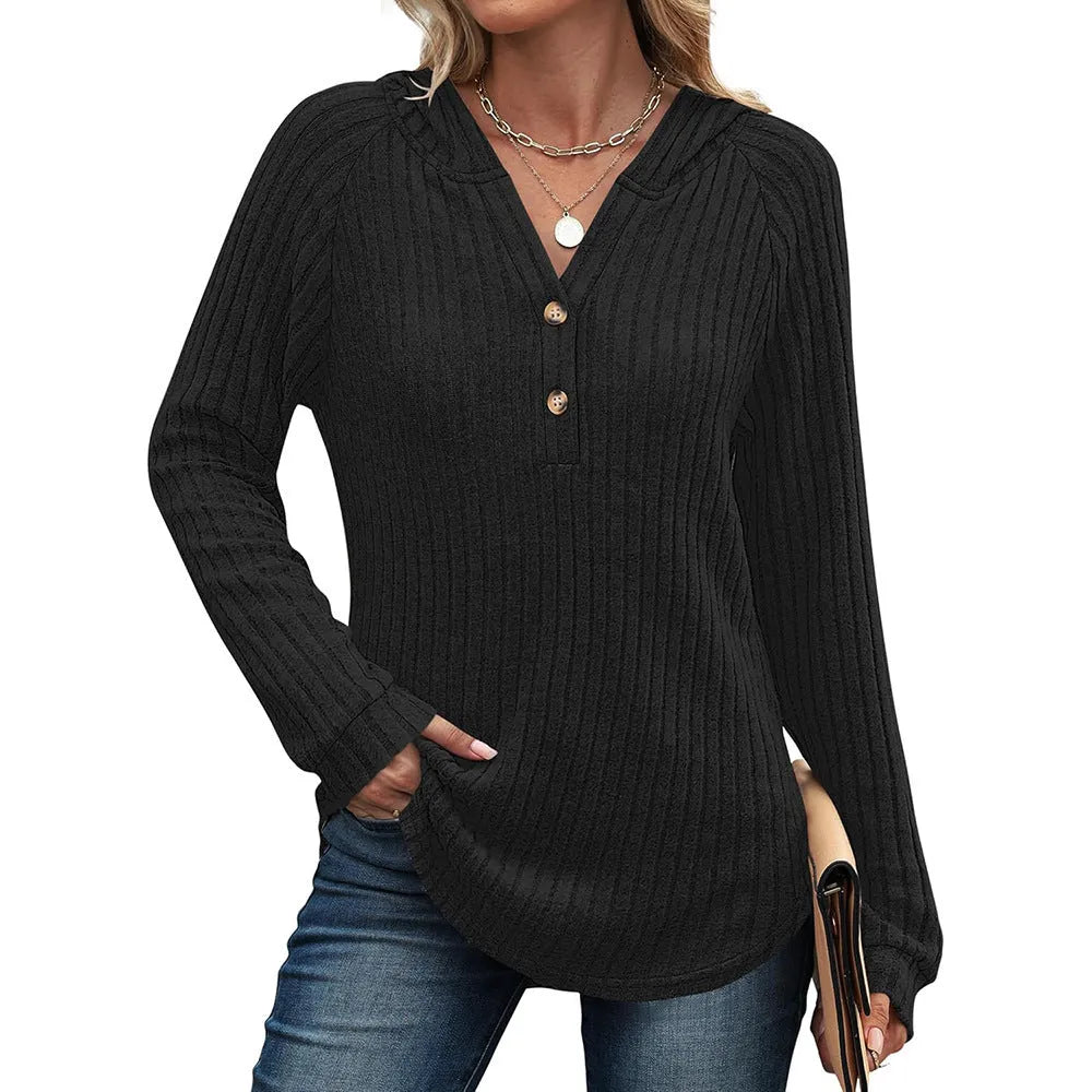 Women's solid colour V-neck button loose hooded fleece knitted top in casual Japanese Korean style