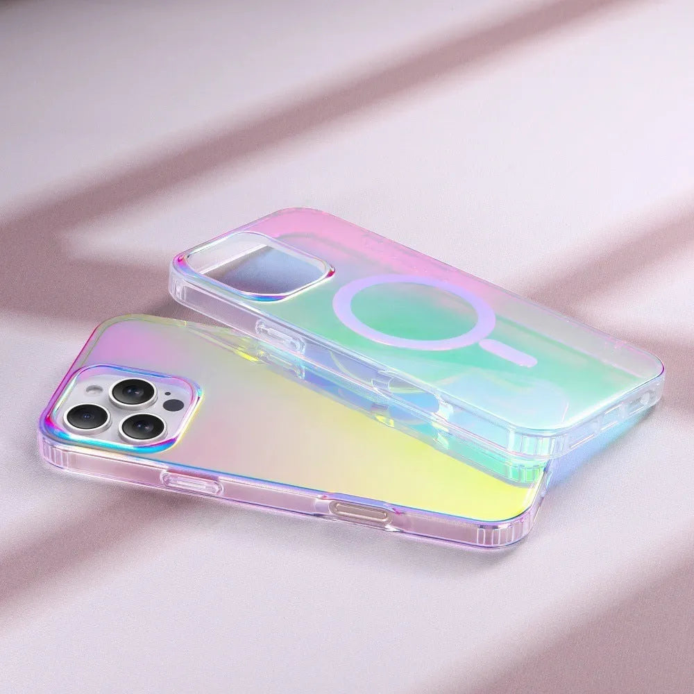 Glossy colour-changing iPhone protective case shown on an iPhone, highlighting chameleon finish and magnetic compatibility