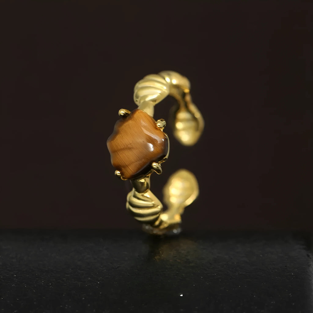 Women's adjustable ring with shell tiger eye gemstone in electroplated silver with gold colour finish