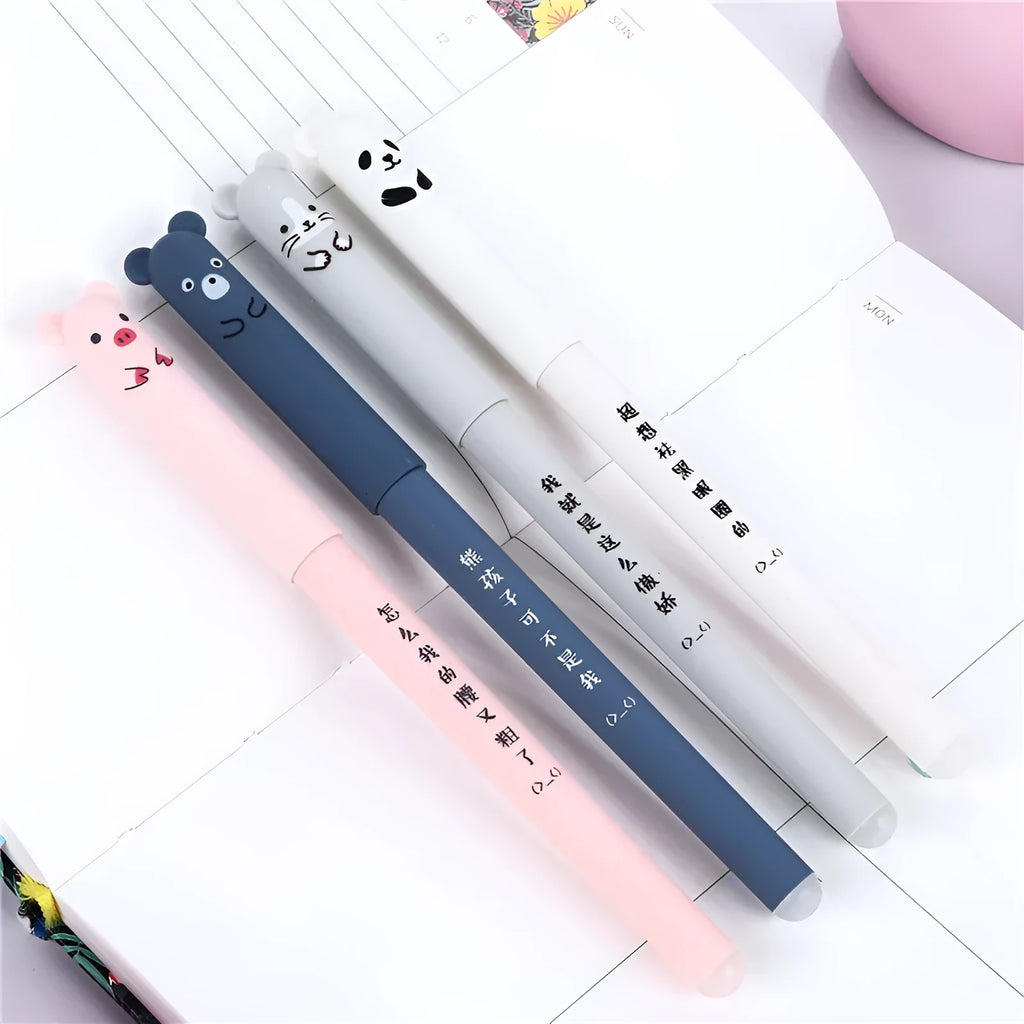 0.5mm fine tip hot erasable pen in black, blue, and red with refill sets on a white background.