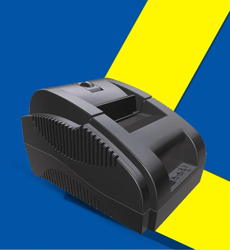 Bluetooth thermal receipt printer for takeaway orders, 58mm paper roll loaded, USB cable attached