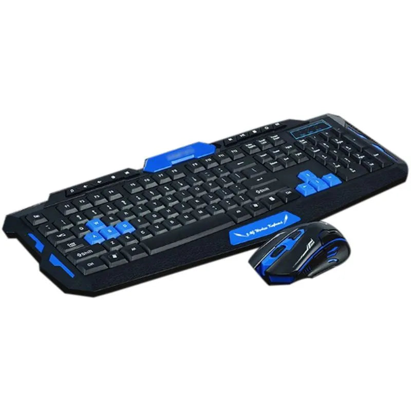 Black and blue wireless keyboard and mouse set on a desk, showing full-size keyboard and ergonomic mouse.