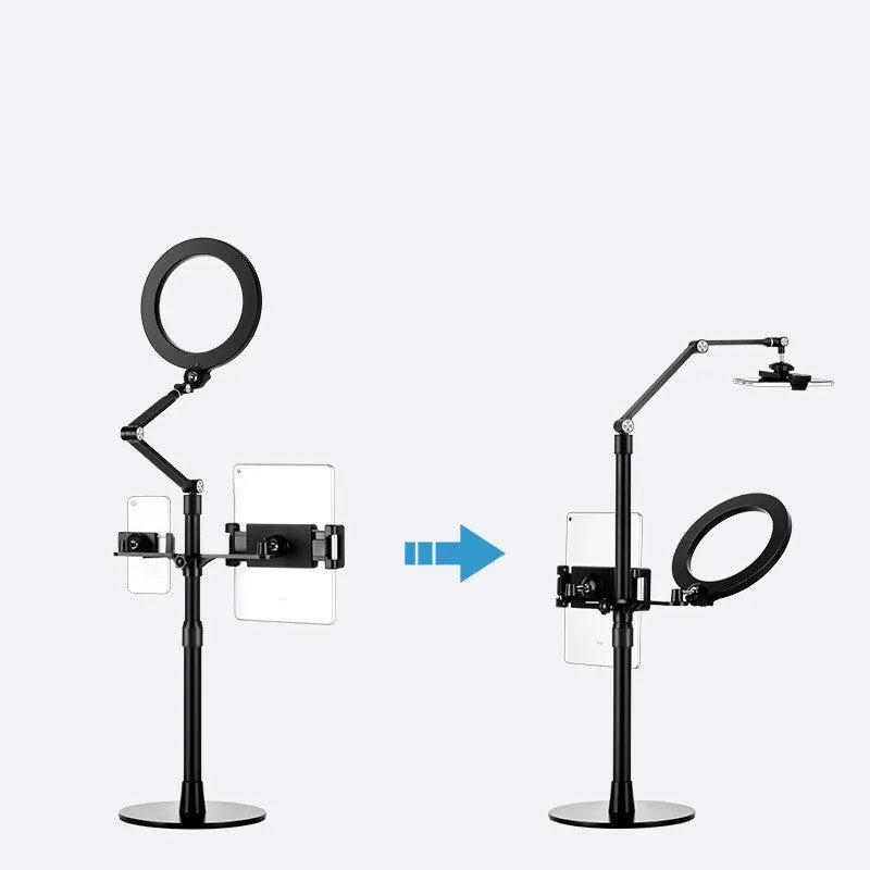 Black aluminium mobile phone tablet stand with fill light for floor-standing live broadcasts