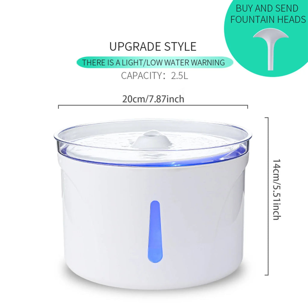 Automatic pet water fountain 2.5L with LED indicator, food-grade ABS, USB pump, 20x20x14cm, for cats and dogs