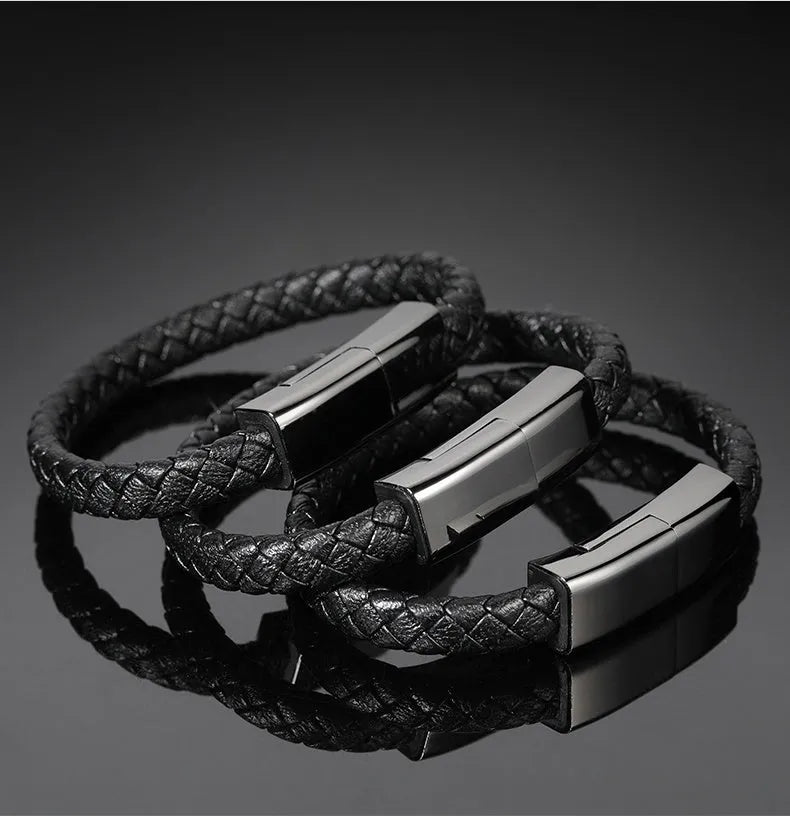 Brown leather bracelet with integrated 22.5cm charging cable and Micro USB connector