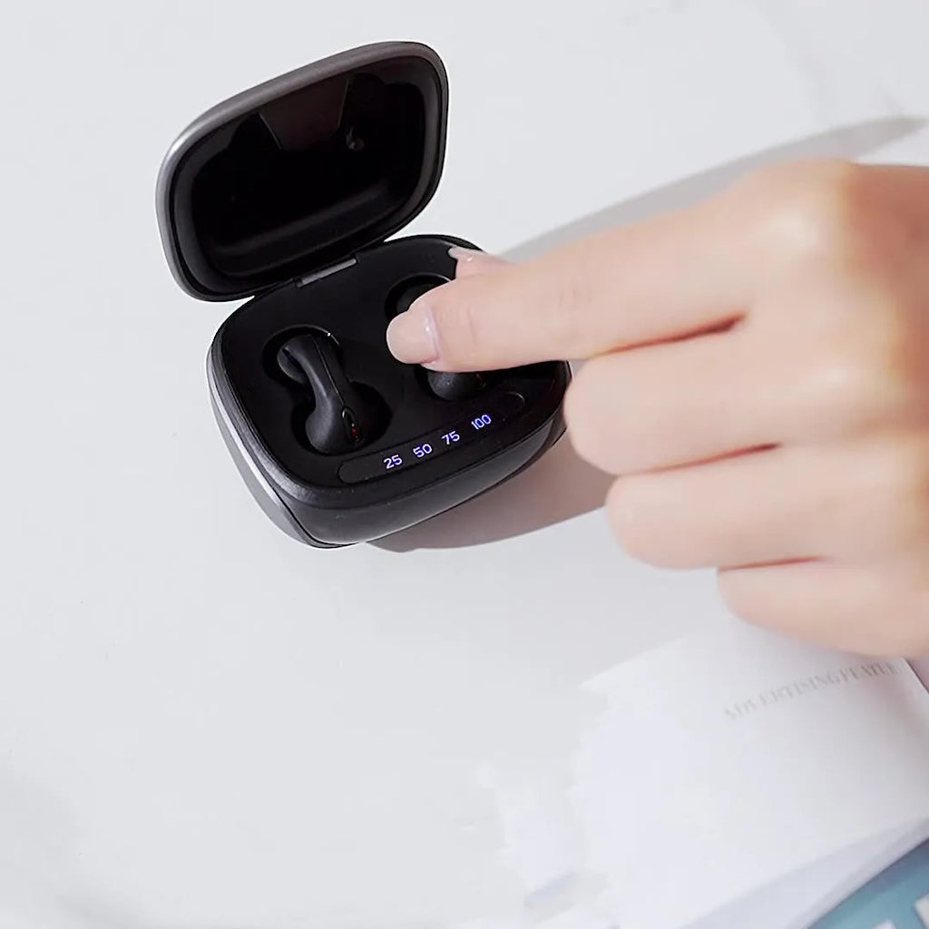 JX80 true wireless bone conduction Bluetooth headset in black, white, purple, or skin tone with charging case.