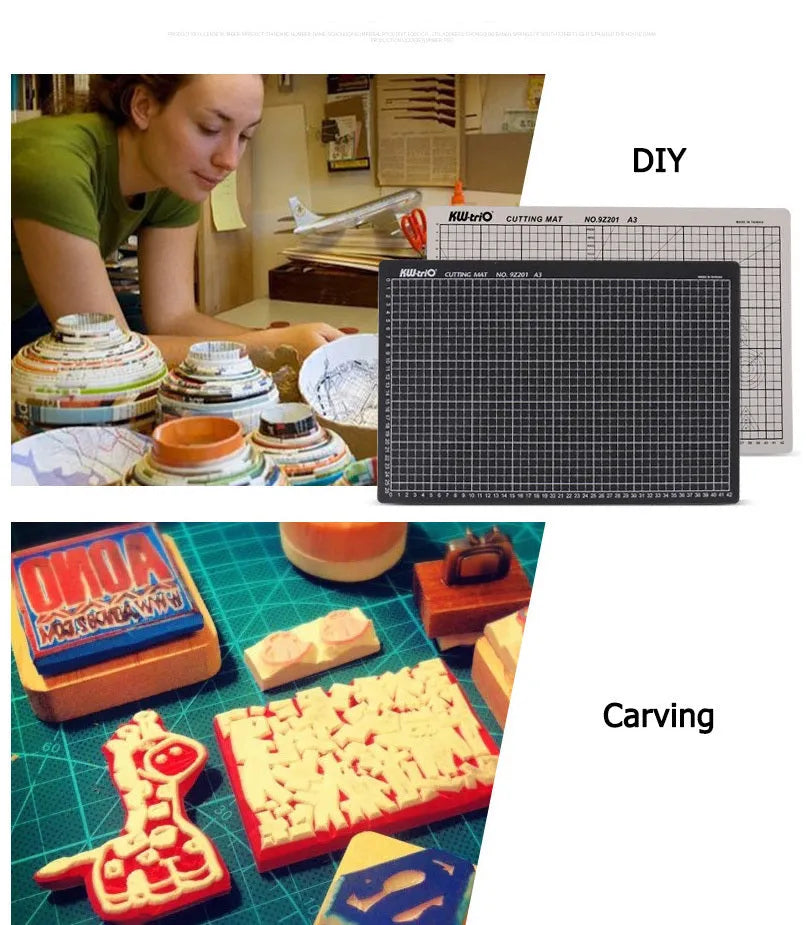 Green A3 self-healing cutting mat with centimetre grid for craft knives on a desk