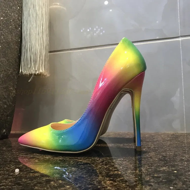 Rainbow patent leather women's high heel shoe with pointed toe and thin stiletto heel