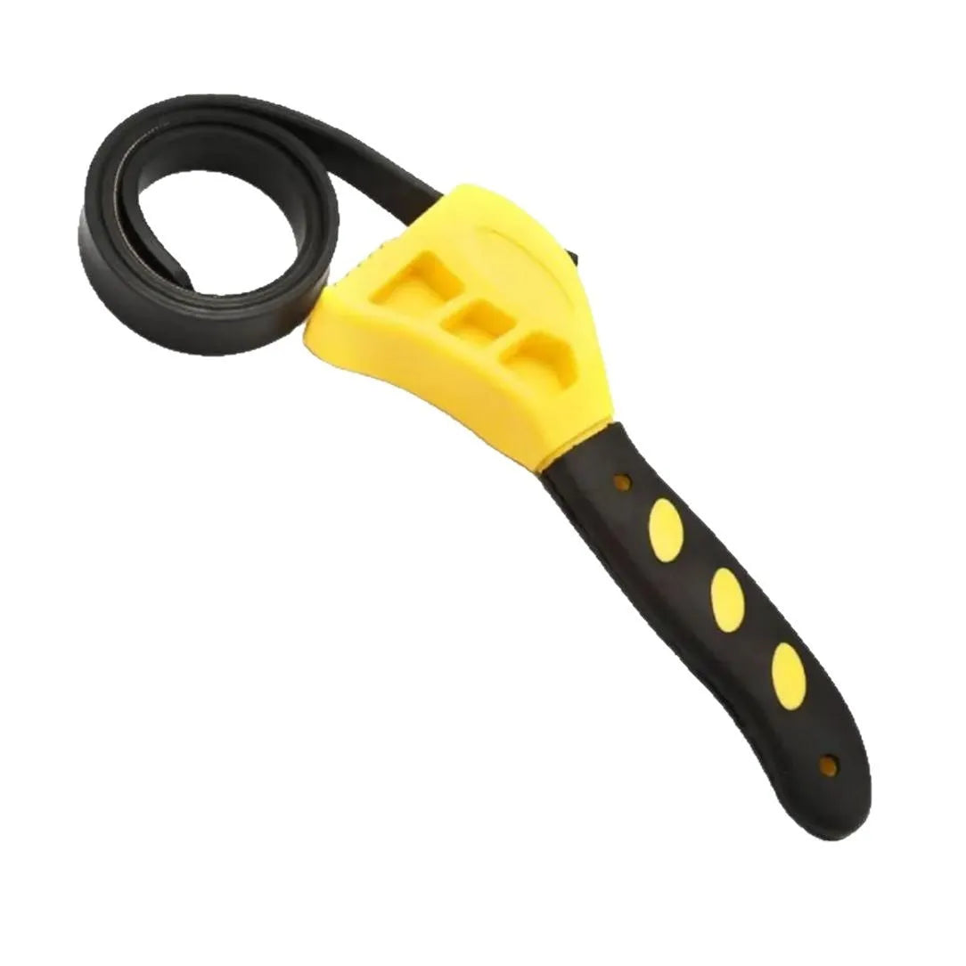 A set of two adjustable strap wrenches, one 6-inch and one 8-inch, made of black plastic and rubber with a phosphated metal handle.