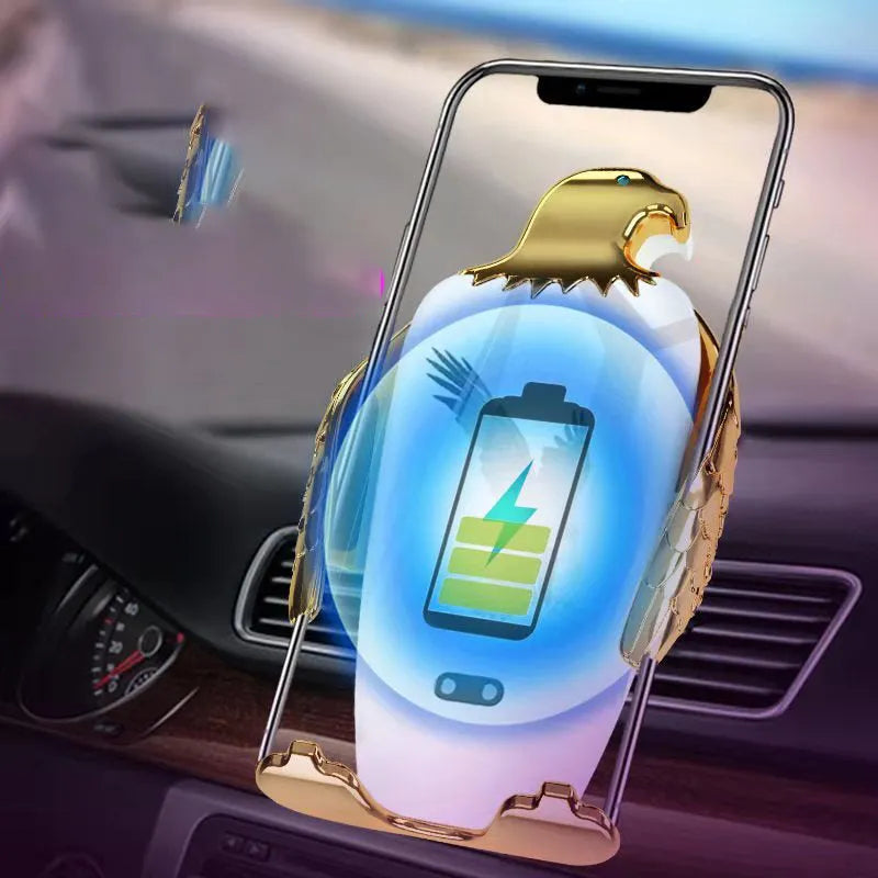 Eagle design car phone holder with wireless charging base in black and gold colour option
