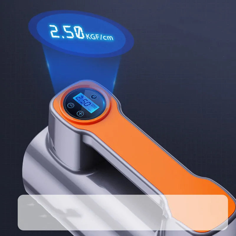 Portable cordless car tyre inflator with digital display showing pressure reading on ABS plastic housing
