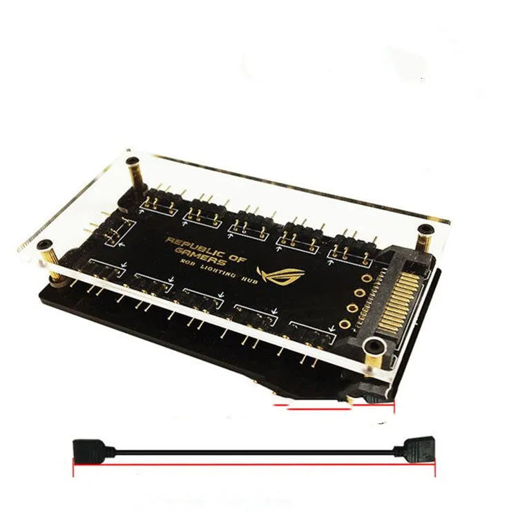 Black 5V ARGB hub with SATA power cable and ten RGB ports for PC lighting expansion