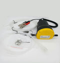 Yellow 12V electric self-priming pump with 2.5m battery clamps and hose set for diesel or oil transfer
