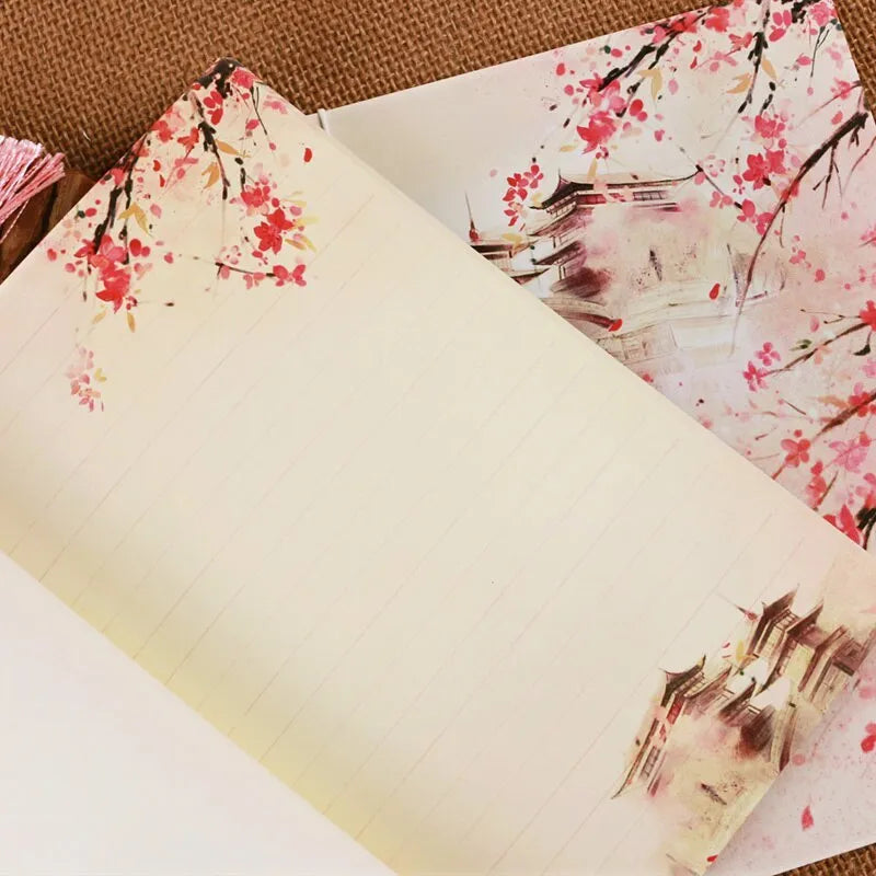 Traditional Chinese thread-bound notebook in Azalea watercolour design showing ancient binding and open flat pages