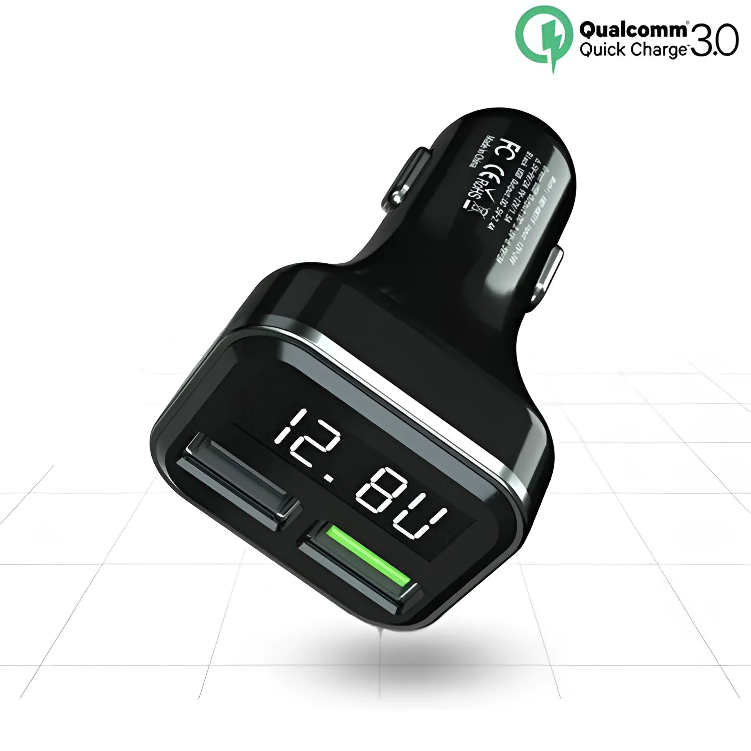 Black car charger with digital display showing voltage and current readings, dual USB ports
