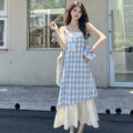 Loose patchwork plaid spaghetti strap sleeveless dress in blue for women