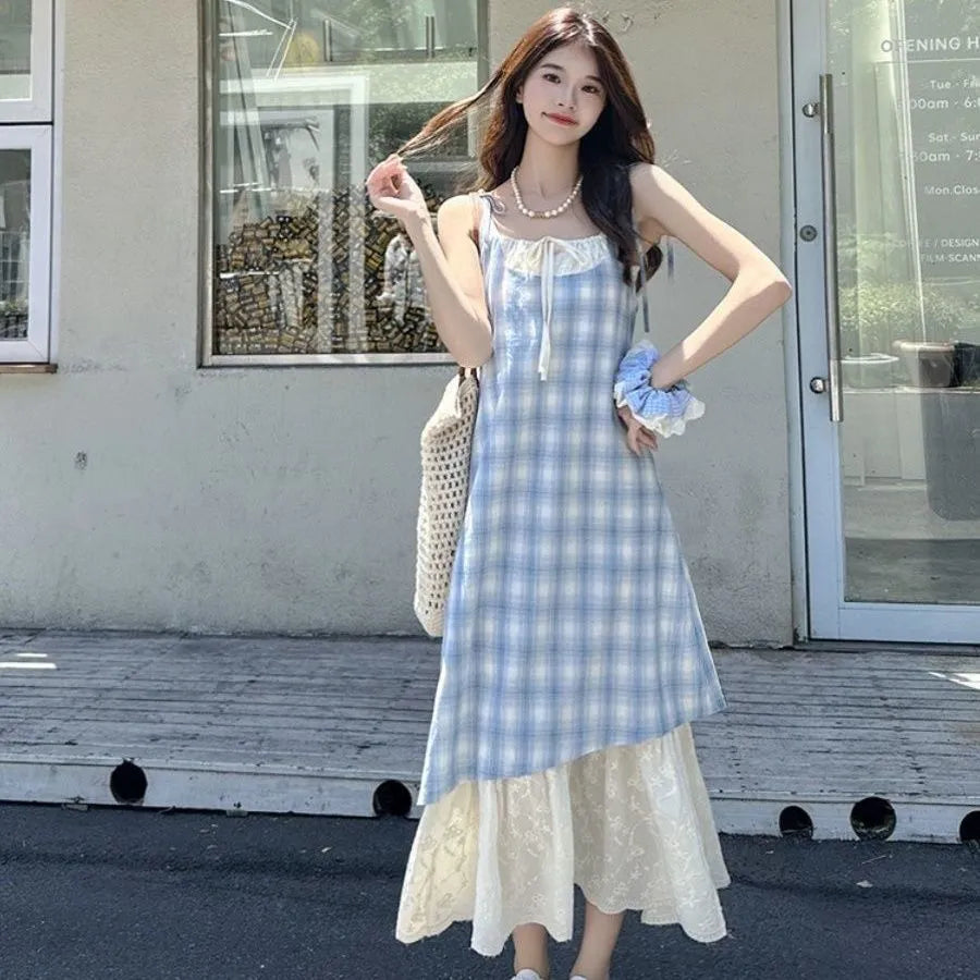 Loose patchwork plaid spaghetti strap sleeveless dress in blue for women