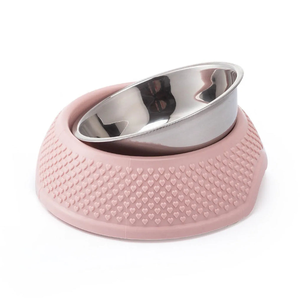 Set of four stainless steel pet bowls in blue, green, and pink colours on a non-slip base