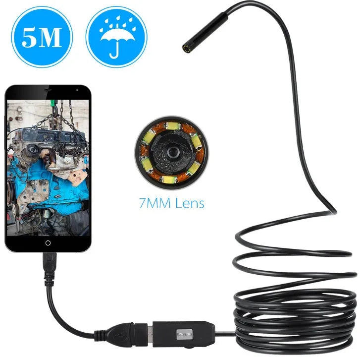 OWSOO USB endoscope camera with 5m cable, hook, magnet, and mirror accessories for phone inspection