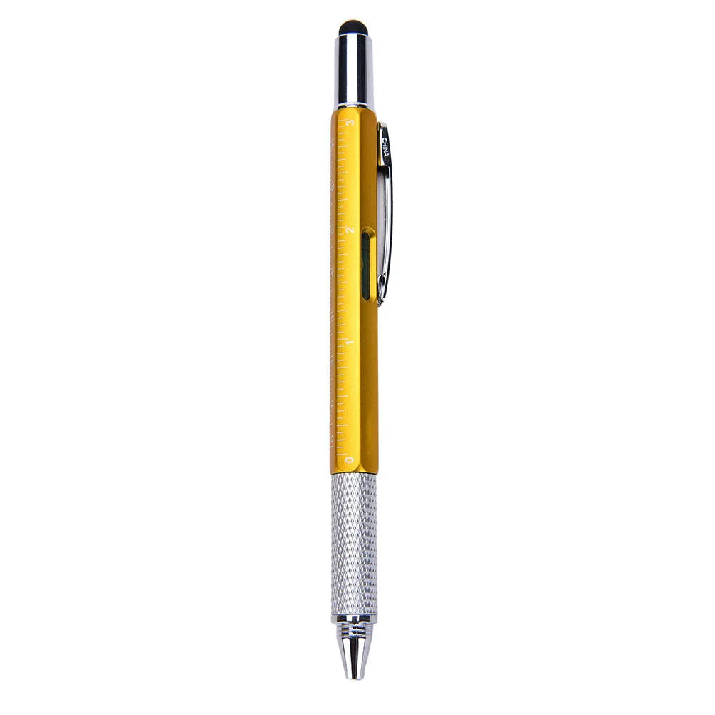 Black 6 in 1 multi-function touch screen stylus ballpoint pen with spirit level and screwdriver tips on white background
