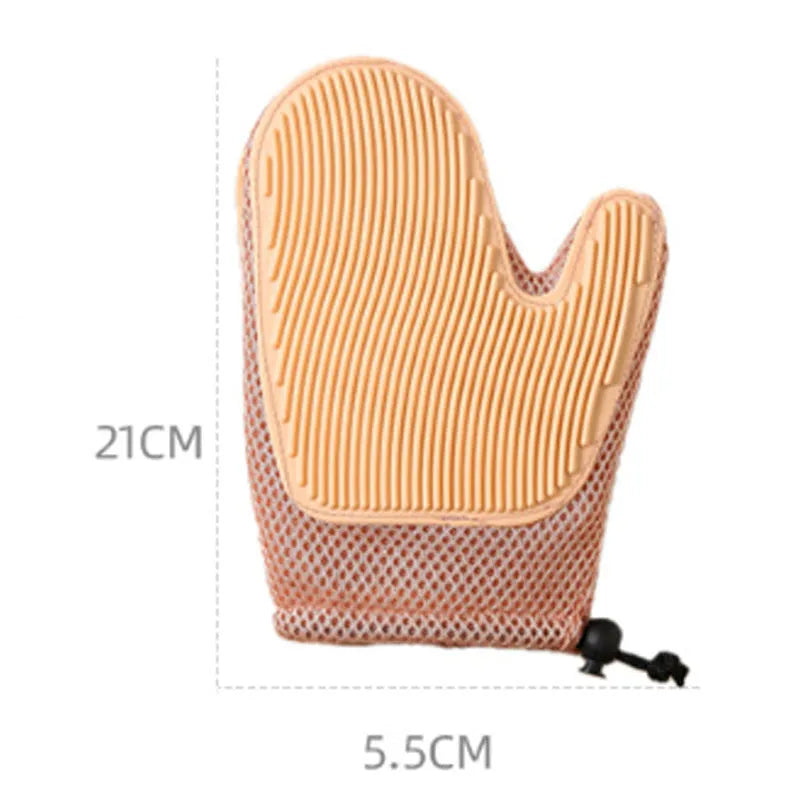 Pet grooming glove with mesh fabric and rubber grip bumps for removing hair during brushing or bathing