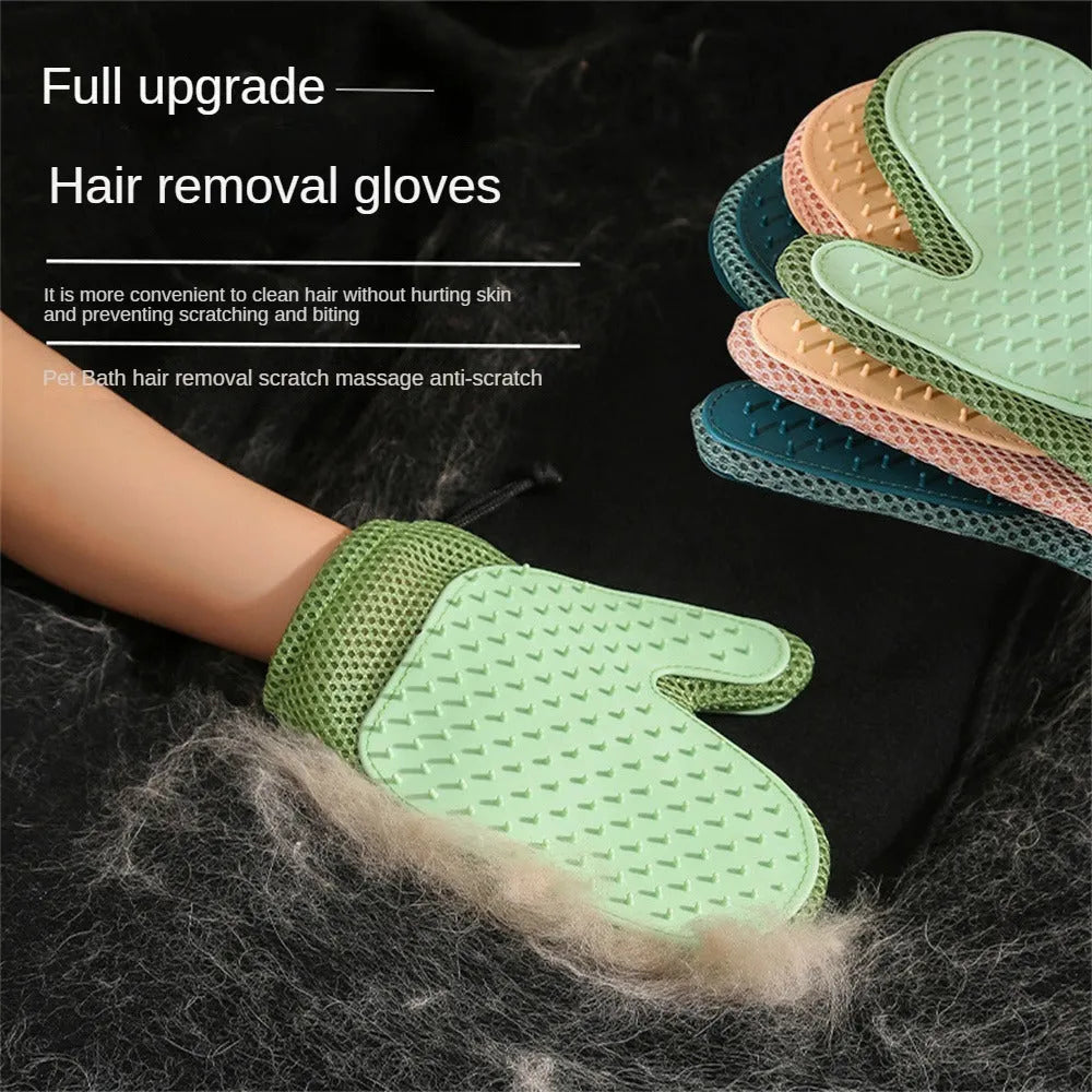 Pet grooming glove with mesh fabric and rubber grip bumps for removing hair during brushing or bathing