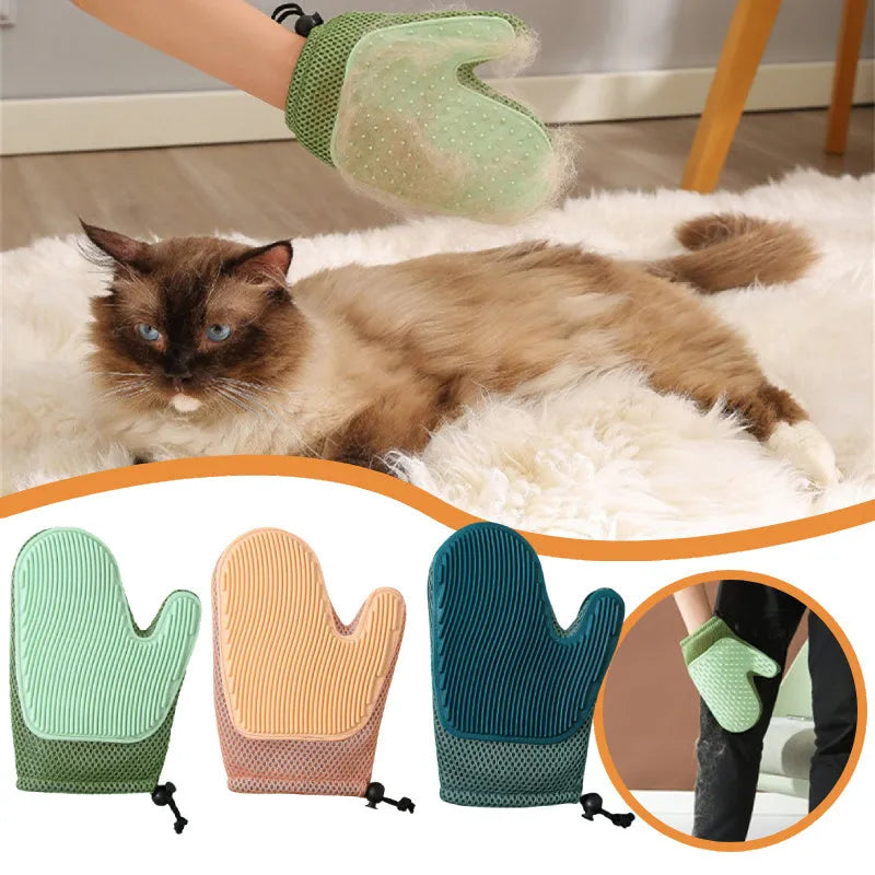 Pet grooming glove with mesh fabric and rubber grip bumps for removing hair during brushing or bathing
