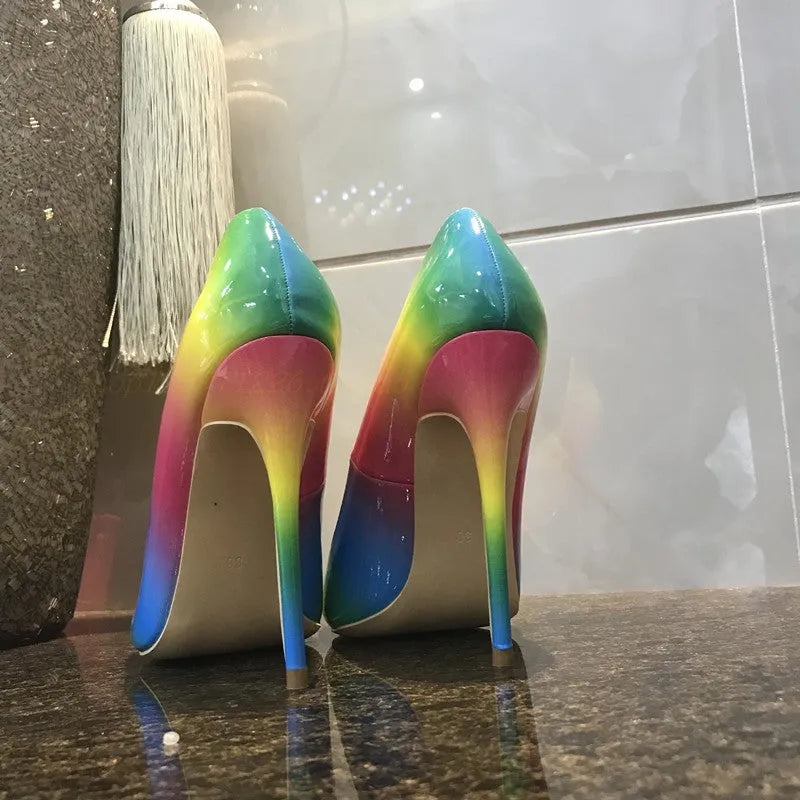 Rainbow patent leather women's high heel shoe with pointed toe and thin stiletto heel