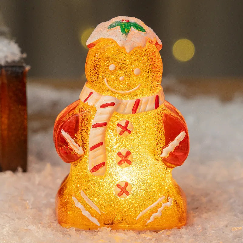 Glowing Christmas gingerbread man snowman ornament with a scarf in red, white, clear, or transparent red.