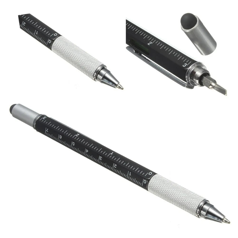 Black 6 in 1 multi-function touch screen stylus ballpoint pen with spirit level and screwdriver tips on white background