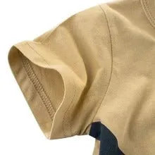 Children's cotton T-shirt with animal print, showing size options from 90cm to 140cm clothing length.